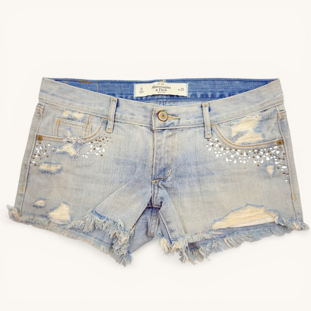 Abercrombie Rhinestone Distressed Denim Shorts Low Rise Y2K McBling 25 Coachella